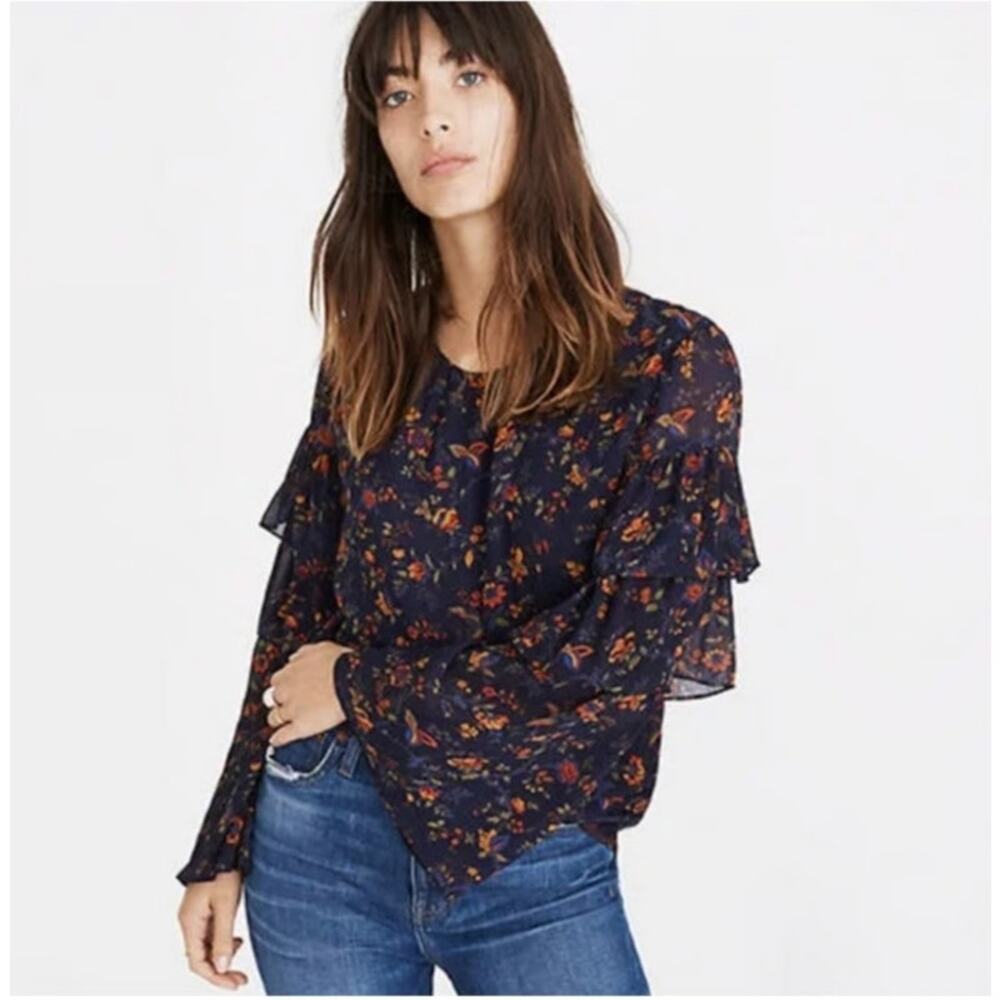 Madewell Ruffle Tiered Sleeve Blouse Womens Small S‎ Blue Floral Keyhole Chiffon